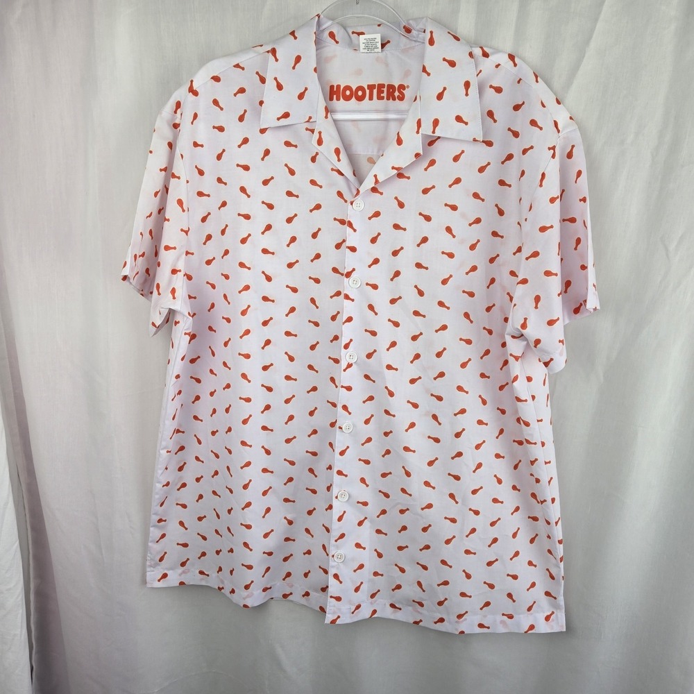Hooters Mens White Button Up Shirt Chicken Leg Drumstick Print Size 2XL